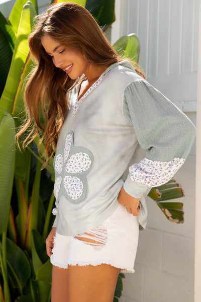 Sage Boho Floral Patched Waffle Top