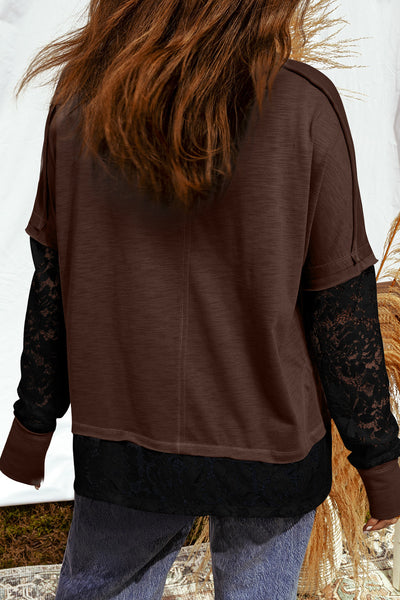 Espresso & Black Sheer Lace Long Sleeve Top