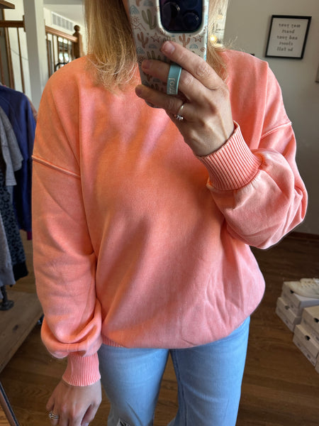 Coral Acid Washed Fleece Oversized Pullover