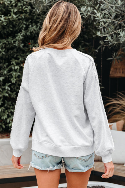 Light Grey Lace Sleeve Crew Neck Sweatshirt