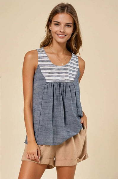 Denim Striped Yoke Tank Top