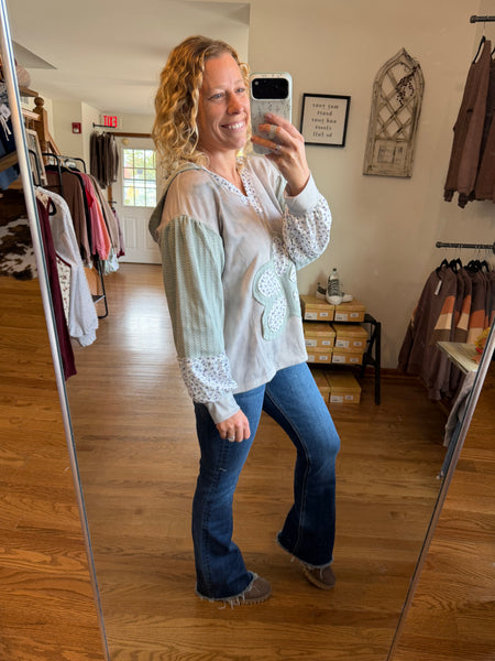 Sage Boho Floral Patched Waffle Top
