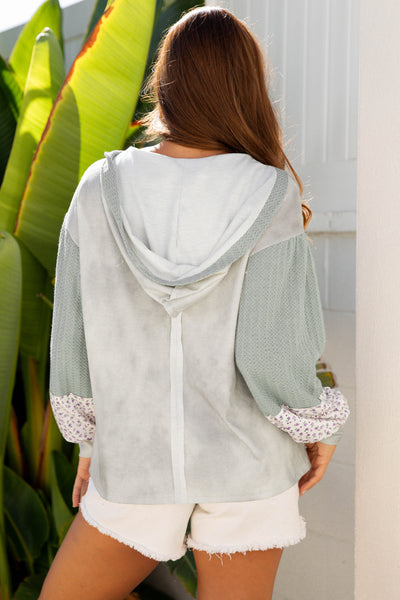 Sage Boho Floral Patched Waffle Top