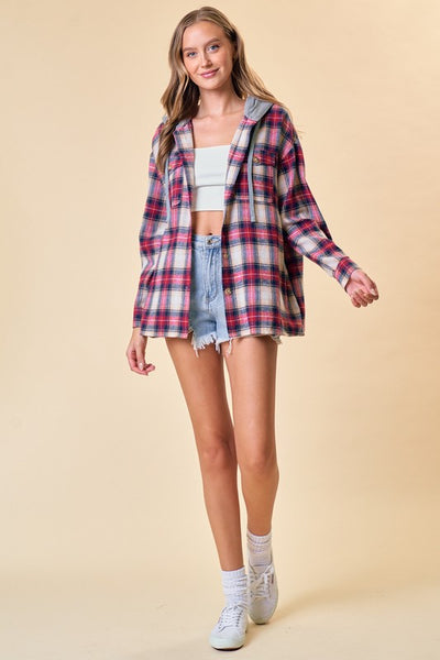 Red & Tan Plaid Hooded Shacket