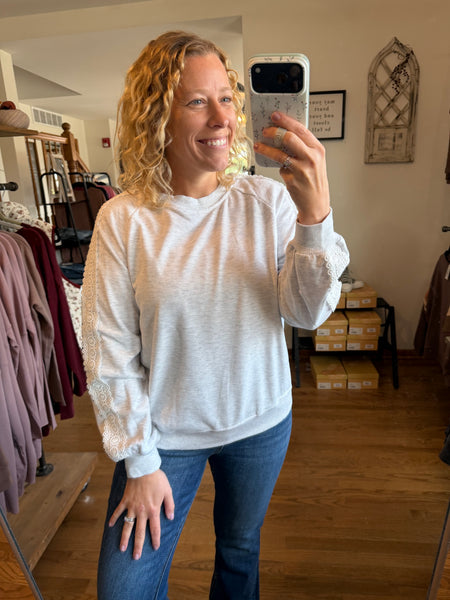 Light Grey Lace Sleeve Crew Neck Sweatshirt