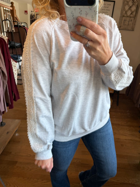 Light Grey Lace Sleeve Crew Neck Sweatshirt