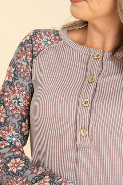 Cocoa & Floral Ribbed Top (S-3XL)