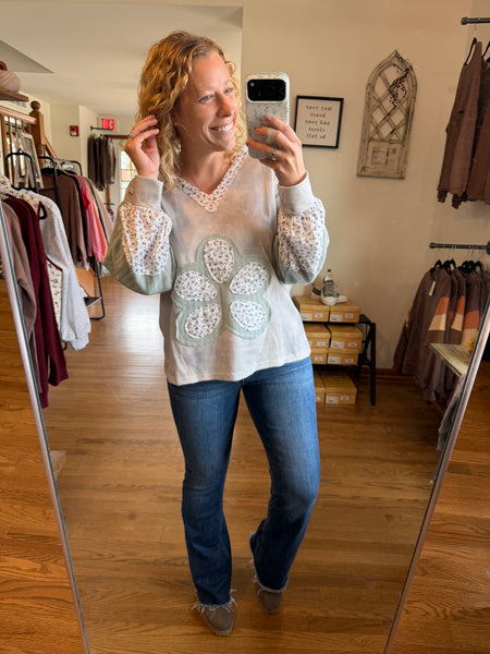 Sage Boho Floral Patched Waffle Top