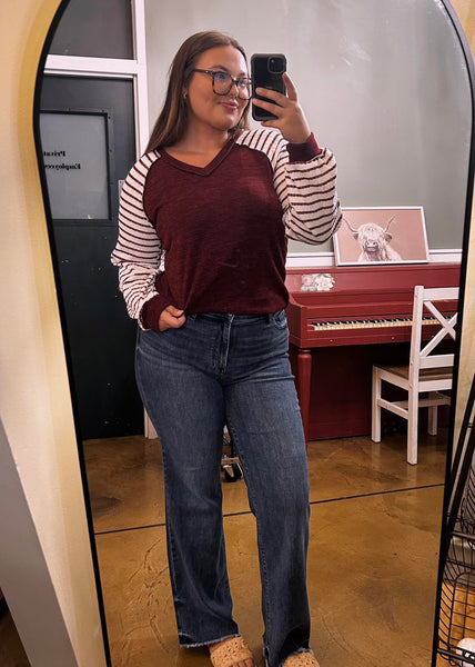 Burgundy & Ivory Striped V-Neck Top (S-3XL)