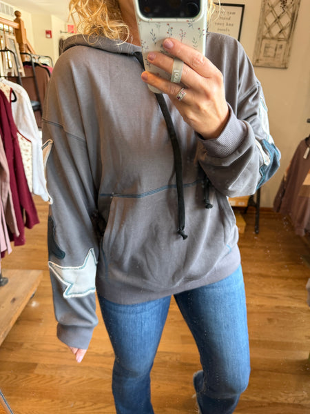 Charcoal Star Patchwork Mineral Wash Hooded Sweatshirt