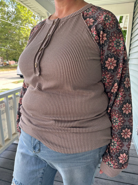 Cocoa & Floral Ribbed Top (S-3XL)