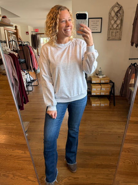 Light Grey Lace Sleeve Crew Neck Sweatshirt