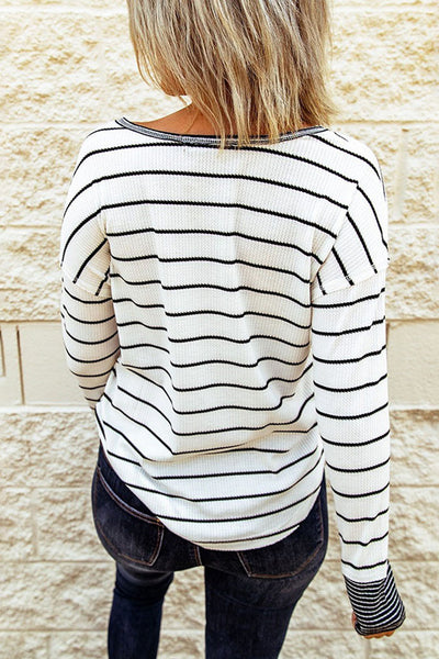 Black & White Striped Color-Block Waffle Knit Top