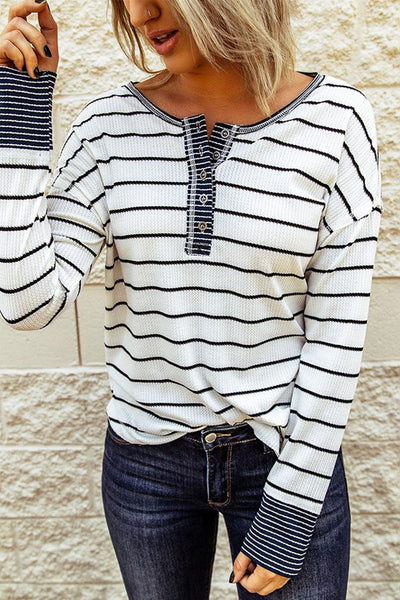 Black & White Striped Color-Block Waffle Knit Top