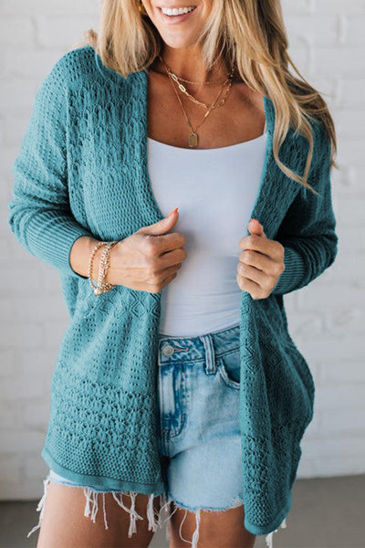 Teal Hollowed Knit Open Front Cardigan