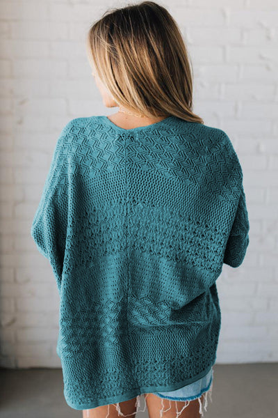 Teal Hollowed Knit Open Front Cardigan