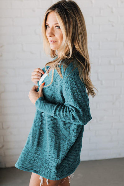 Teal Hollowed Knit Open Front Cardigan
