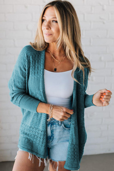 Teal Hollowed Knit Open Front Cardigan