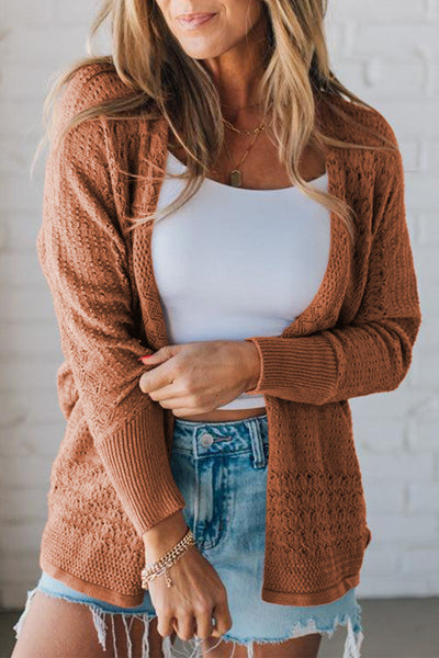 Chestnut Hollowed Knit Open Front Cardigan