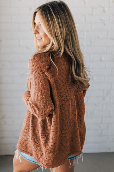 Chestnut Hollowed Knit Open Front Cardigan