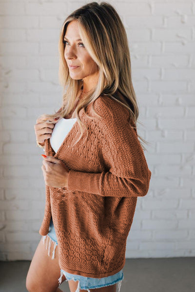 Chestnut Hollowed Knit Open Front Cardigan