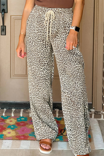 Leopard Drawstring Wide Leg Pants
