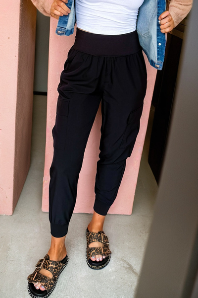 Black High Waisted Pocket Cargo Joggers
