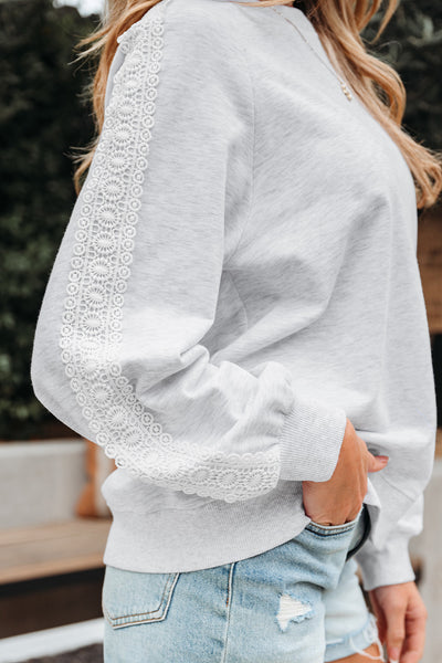 Light Grey Lace Sleeve Crew Neck Sweatshirt
