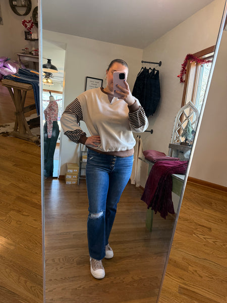 Oatmeal & Taupe Striped Color-Block Top