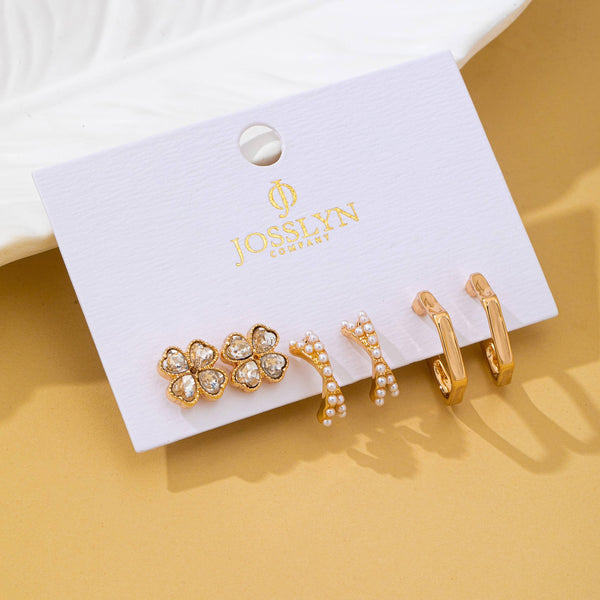 Gold Floral Gem Pearl Hoop Trio Earrings