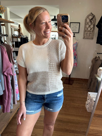 Taupe Color-Block Short Sleeve Sweater