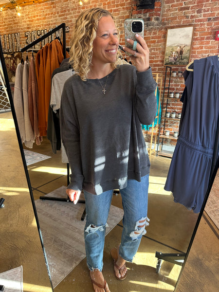 Black Mineral Wash Waffle Ribbed Pullover