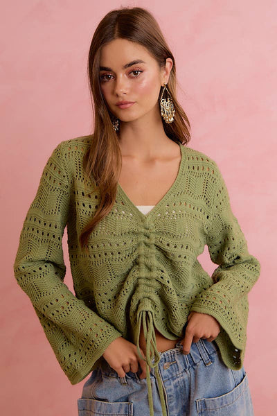 Olive Pointelle Knit V-Neck Ruched Top