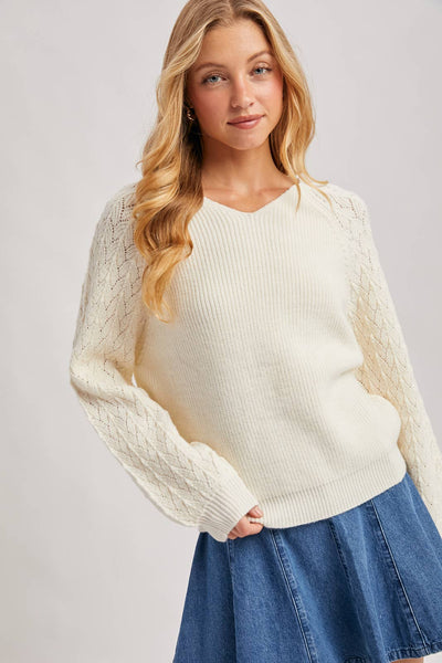 Ivory V-Neck Ribbed Knit Sweater