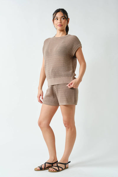 Silken Taupe Coastal Crochet Breeze Knit Top
