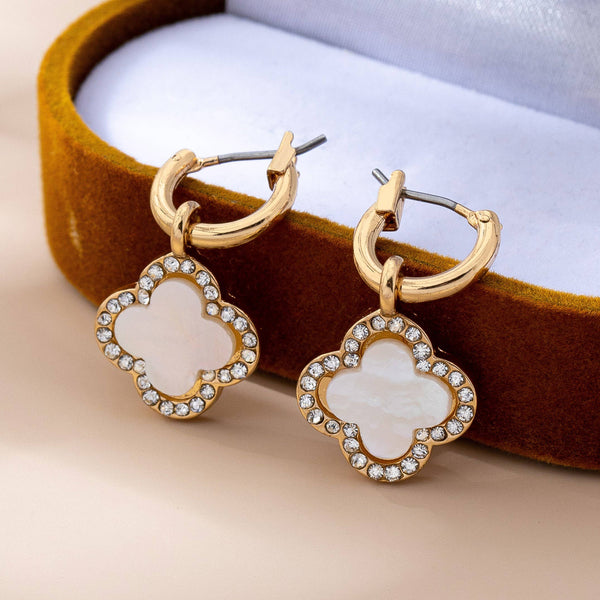 Gold Rhinestone Clover Drop Hoop Earrings