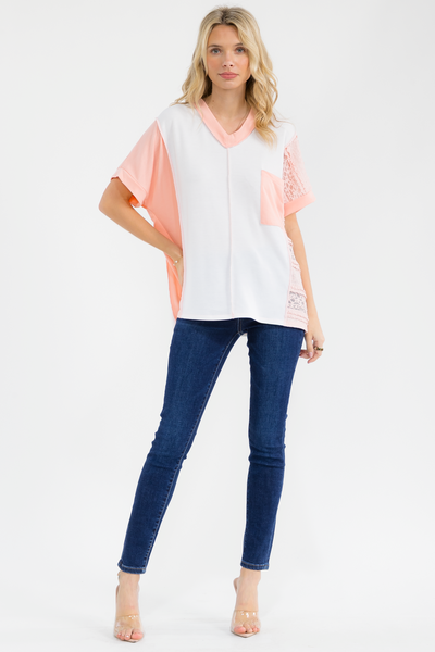 Ivory & Peach Lace V-Neck Top