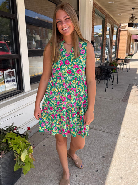 Kelly Green Floral Comfort Stretch Tiered Lizzy Dress