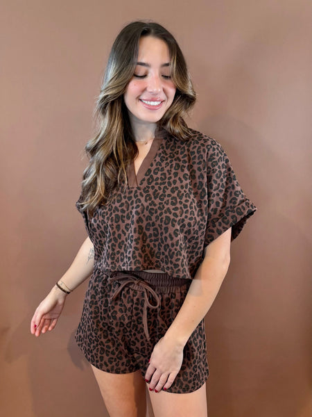 Espresso Leopard Polo & Shorts Set