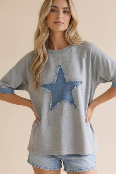 Heather Grey Denim Star Patchwork Top