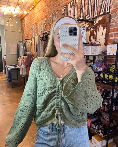Olive Pointelle Knit V-Neck Ruched Top