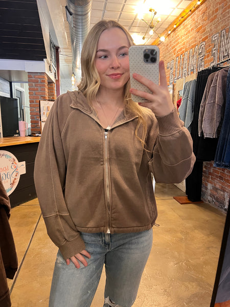 Mocha Fleece Mineral Wash Zip Up Hoodie