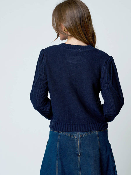 Navy Floral Embroidered Cable Knit Cardigan
