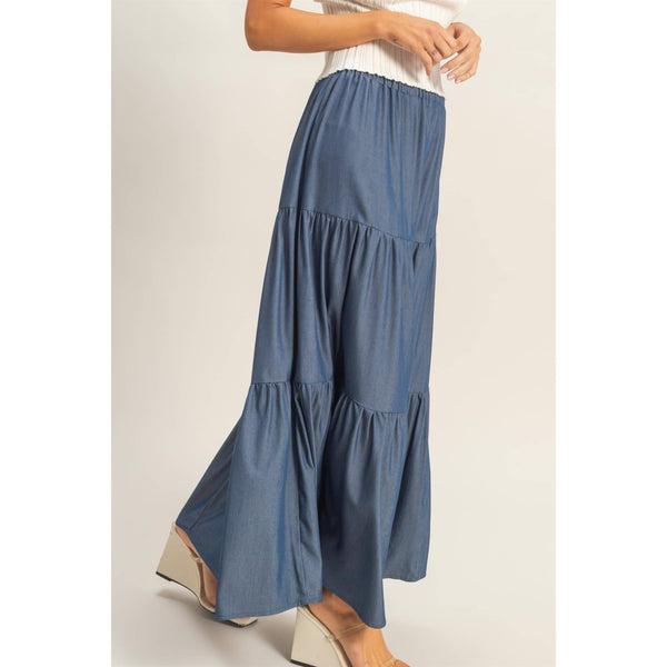 Denim Blue Tiered Maxi Skirt