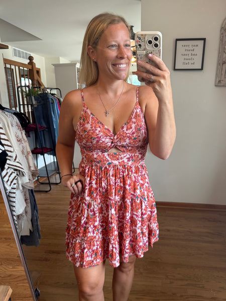 Red Floral Twist Front Cut Out Sundress