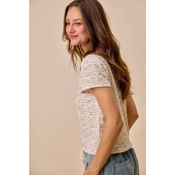 Ivory & Peach Floral Short Sleeve Knit Top
