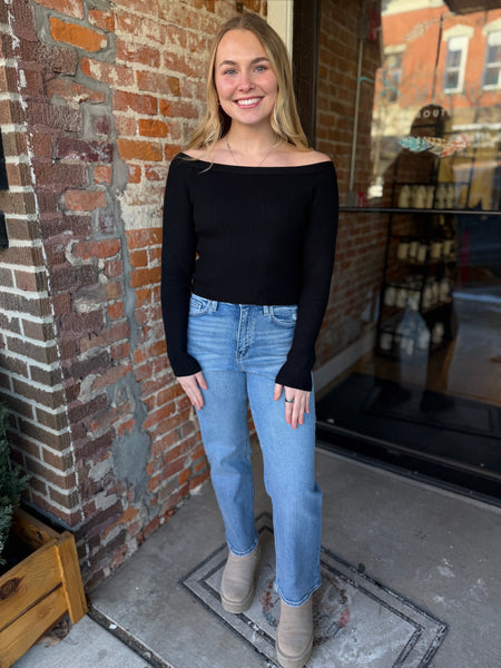 Black Off Shoulder Ribbed Knit Top