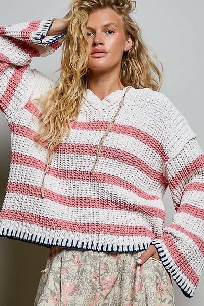 Ivory & Pink Striped Oversized Chenille Hooded Sweater