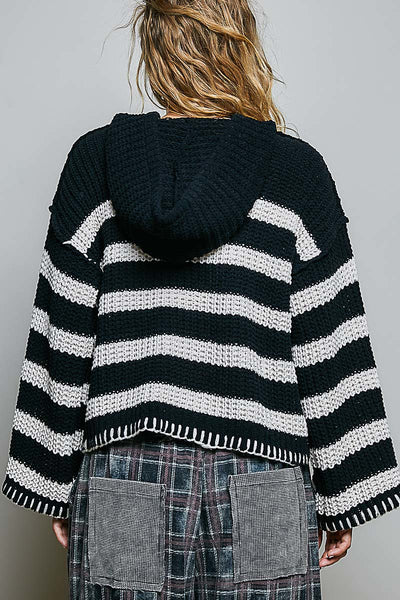 Black & Ivory Striped Oversized Chenille Hooded Sweater