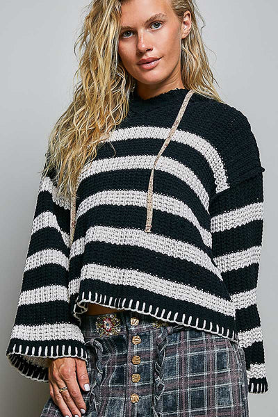Black & Ivory Striped Oversized Chenille Hooded Sweater